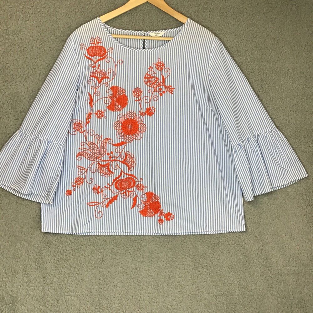 Crown & Ivy Embroidered Boho Floral Blouse Womens Size XL Blue Stripe Flutter